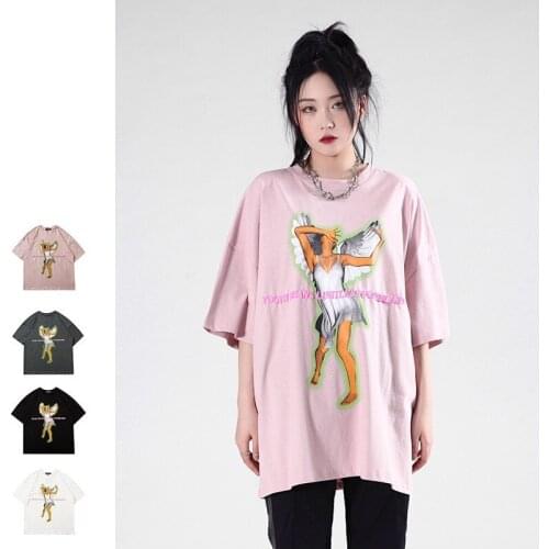 2021 Summer Trend Neutral Angel Print Couple Tide Brand Short-sleeved T-shirt For Men And Women Loose Oversized Retro Hip-hop