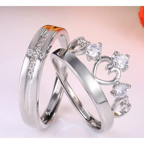 Fashion Silver Color Couple Rings for Lovers Adjustable Simple Crystal Zircon Couple Wedding Rings Set for men and women Gift