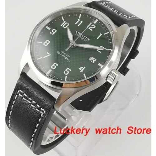 Corgeut 40mm Men watch green dial date window 316L stainless steel case leather strap NH35 self-winding movement luxury watches