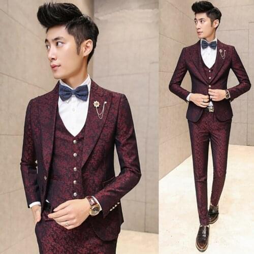 2020 Slim Fit Mens Suits Fashion Floral Printed Groom Tuxedo Mens Wedding Suits Burgundy Party Man Jacket Vest with Pants 3Pcs