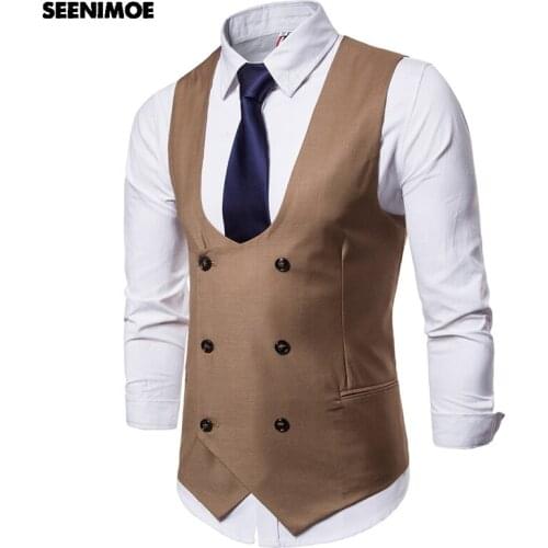 Seenimoe Mens Formal Blazer Vests Casual Double Breasted O-neck Fashion M-4XL Male Colid Color Casual Vests