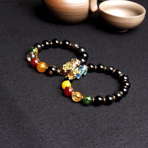 2021 New Chinese Obsidian Bracelet Mens Lucky Sense Warm Color Pixiu Beaded Bracelet Couple Six Word Proverbs present