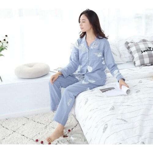 2021 New Summer Thin Cotton Homewear for Women Pajamas Suit Double Gauze Long Sleeve Loungewear Leaf Print Female Sleepwear Set