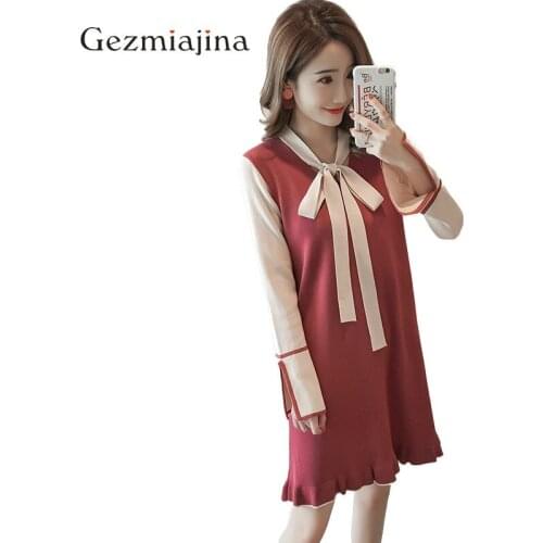 Pregnant Clothing Autumn Winter Sweater Stitched Sweaters Dresses Fake Two Pieces Dress Pregnancy Knitted Dress Bow Plus Size