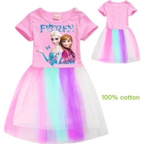 Frozen Anna Elsa Printed Girls' Princess Dress Cartoon 3D Moon and Stars Mesh Hem Short Sleeve Pink Purple Rose Red Cute Skirt