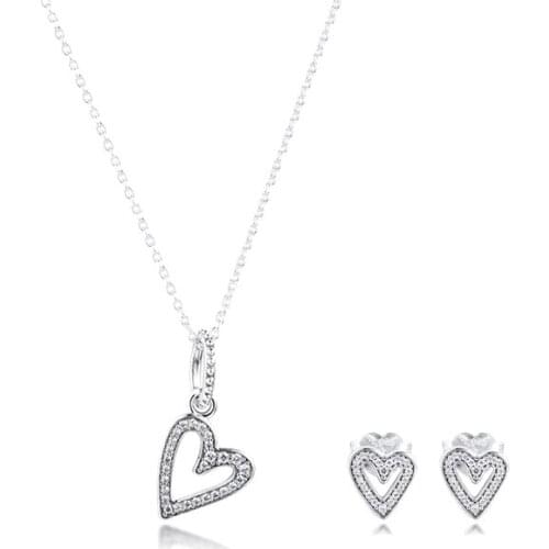 S925 Original Sterling Silver Jewelry Sets Sparkling Freehand Heart Necklace Stud Earrings for Women Party Gift brincos collier