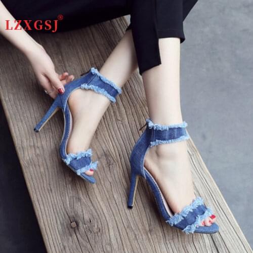 Women Shoes 2021 Female Denim High Heels Sandals Fashion Summer Elegant Simple Open Toed Sandals Zipper Party Temperament Ladies