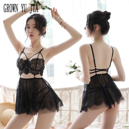 Sexy Women Nightwear Erotic T-back Hot lingerie Nightgowns lace hollowed out Sling Skirt Backless BabyDoll porno Exotic Apparel