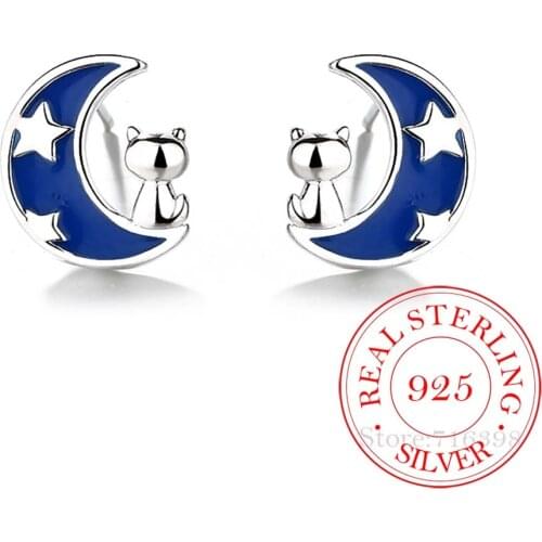 925 Sterling Silver Cat Moon Star Stud Earrings For Women Kids Female pendientes mujer moda
