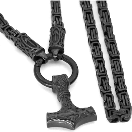 Nordic viking rune with thor hammer pendant necklace stainless steel -king chain with valknut gift bag