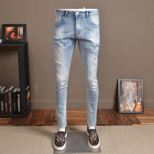 Light Blue Jeans Men Spray Dot Distressed Patch Stretch Cotton Denim Slim Fit Pencil Pants