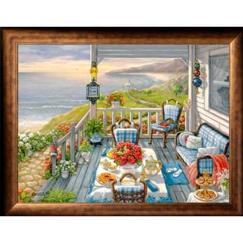 Embroidery Seaside House Leisurely Balcony Scenery Needlework 14CT Unprinted DIY Cross Stitch Kits Handmade Art Wall Decor