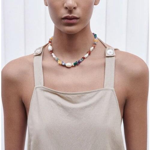 ZA Trendy Statement Natural Stone Pearl Chain Necklace Women Boho Vintage Long Beaded Womens Necklace Luxury Jewelry Gifts