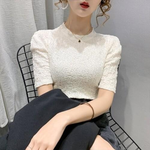 2021 summer Cotton Womens T-Shirts Short Sleeves Solid Color Women Pleated T shirt for Female Tops Woman Half high collar