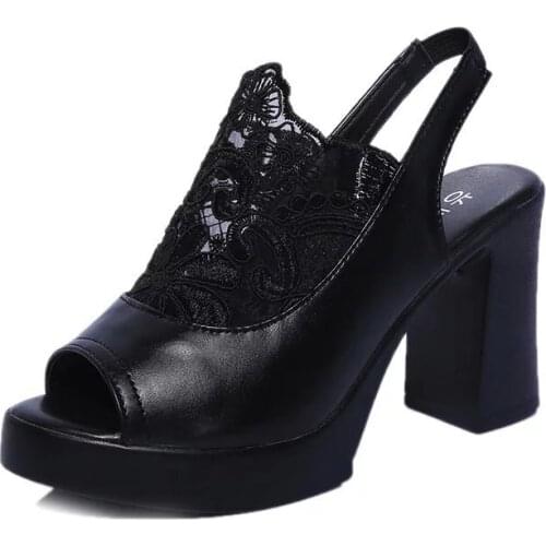 YSHUNIJ 2021 New Fish Mouth Mesh Womens Shoes Sandals Womens Spring and Summer Womens Embroidered Lace Thick Heel Sandals