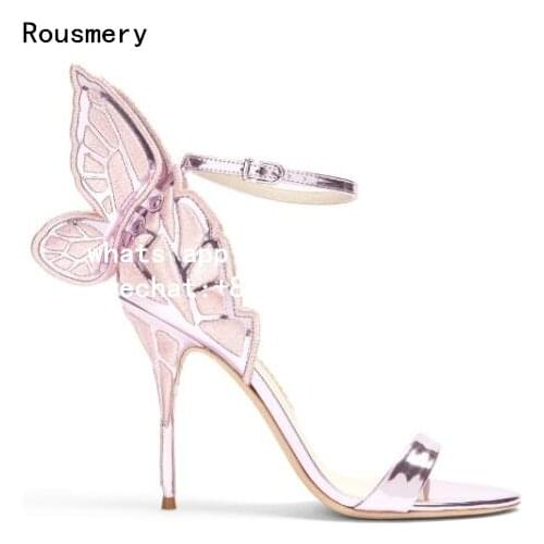 Rousmery 2017 Summer Women Metallic Lilac-Pink or Black Embroidered Butterfly-wing Leather Stiletto Heel Party Sandals