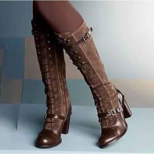 Women Vintage Medieval Boots Retro Cosplay High Martin Boots Square Heel Pu Leather Winter Boots Women Knee-High Shoes 2020