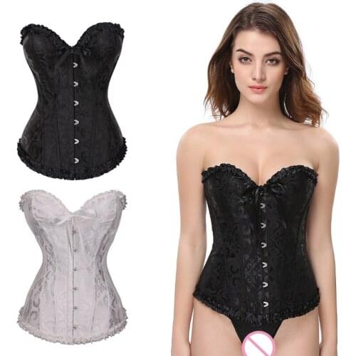 Women Printing Ruffle Overbust Corset Black White Bustier Top Waist Trainer Body Shaping and Slimming Clothing Gothic Underwear