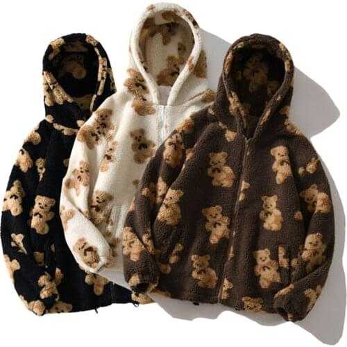Cartoon Bear Lamb Wool Women Hooded Sweaters Casual Oversized Tops Winter Clothes Woman Zip Up Knitted Sweater Korean Cute Coat