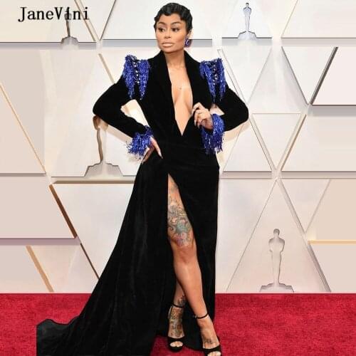 JaneVini 2020 Turkish Black Velvet Sexy Women Evening Dress V Neck Beading Feathers Side Split Middle East Formal Long Dresses