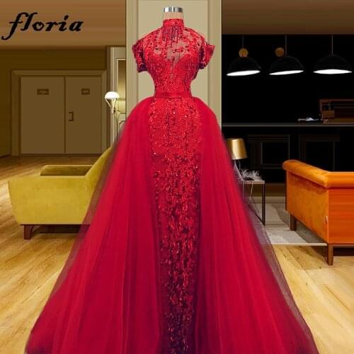 Two Pieces Red Lace Evening Dresses Long Crystals Evening Gowns Middle East Pageant Dresses For Women Party Gown вечернее платье
