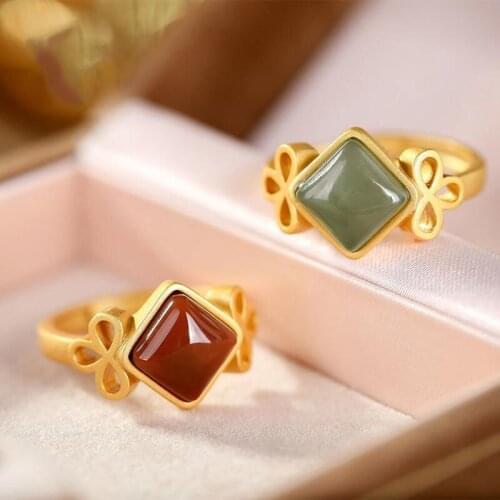 S925 Sterling Silver Natural South Red Agate Gray Jade Geometric Personalized Bow Simple Retro with Opening Womens Ring Finger