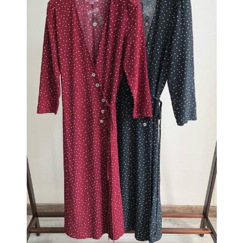 Women Dress French Wrap Polka Printing Deep V Neck Long Sleeve with Side Dot Double-breasted Buttons Midi Dresses