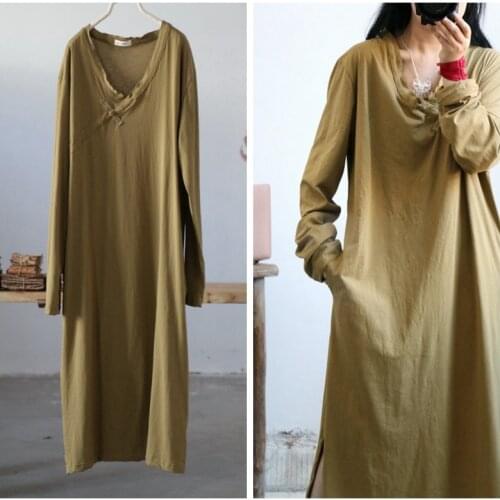 Women Spring Solid Color Vintage Robe Dress Female Retro Casual Simple Dress 2019 Cotton Linen Dresses 2021