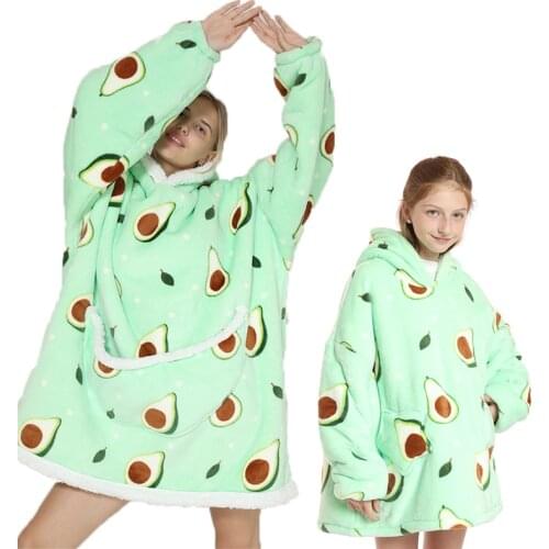 Winter Sherpa Blanket Avocado Printed Hoodie Blanket for Adult Children Outdoor Hoody Plush Fleece Pullover Blanket with Sleeves