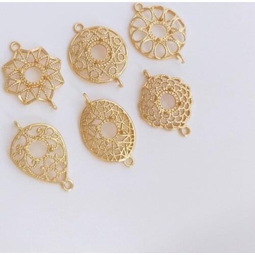 High Quality Copper 14K Gold Plated Hollow Lace Flowers Charms Connector 2pcs/lot For DIY Jewelry Necklace Making Accessories
