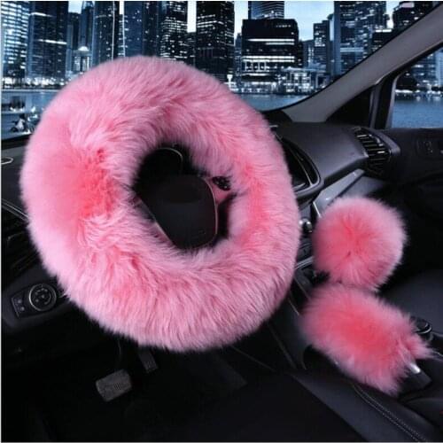 3pcs/set Winter Warm Faux Wool Car Steering Wheel Cover Handbrake Cover Gear Shift Cover Universal 15 Inch For Women Girls