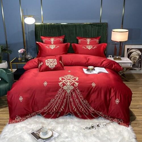 7 Colors Luxury 60S Red Embroidery Washed Silk Cotton Duvet Cover Bed Linen Fitted Sheet Pillowcases Bedclothes
