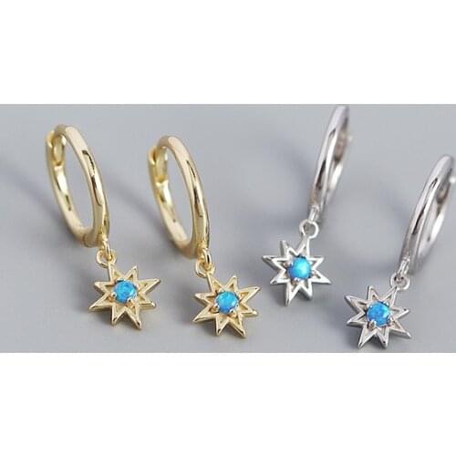 925 Sterling Silver Earring Fashion Blue Opal Sun Flower Oval Ball T-shape Short Drop Earring French Style Woman Girl Ear Jewelr