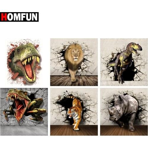 HOMFUN Diamond Painting Full Square/Round Diamond "Animal breaking wall" Pattern Embroidery Cross Stitch 5D Rhinestone Painting