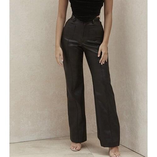 Pocket Straight Leg Pants Trousers Autumn Elegant 2021 Faux Leather Pants High Waist Office Ladies Slim Retro Casual Pants