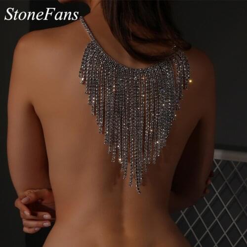 Stonefans Rhinestone Chain Tassel Back Chain Necklace Wedding Party Backdrop Crystal Shoulder Necklace Bridal Body Chain Jewelry