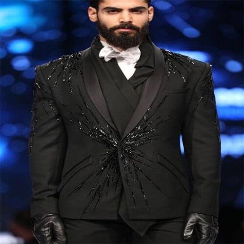 Two Pieces Black Men Suits Luxury Beads Custom Made Men Suits One Button Tuxedos Peaked Lapel Blazer Business Coat+Pant