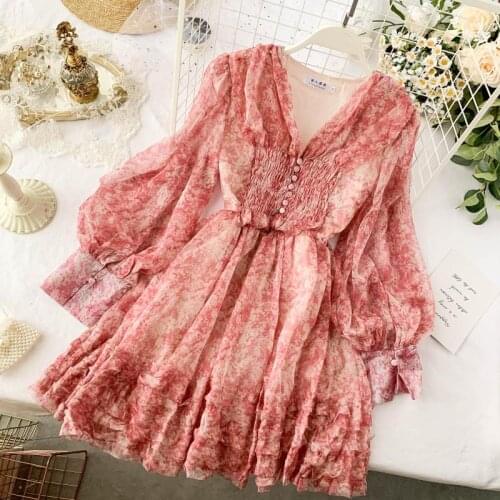 Elegant Fashion Frence Chiffon Floral Dress Women 2020 Spring Autumn Fairy Dress Retro Immortal V Neck Slim Sweet Short Dresses