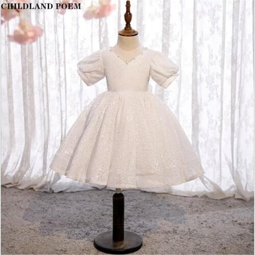 Elegant Girls Dress For Party And Wedding Pearl Sequins Princess 1st Birthday Baptism Baby Dress For Girl Toddler Girl Ball Gown