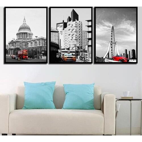 Nordic City Building Red Bus Painting Home Decor Print Ferris Wheel Pictures Car Canvas Retro Office Poster Living Room Wall Art