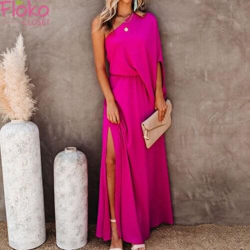Flokocloset Summer Solid Color Diagonal Collar Split Maxi Dress Fashion Evening Party Elgeant Long Dresses