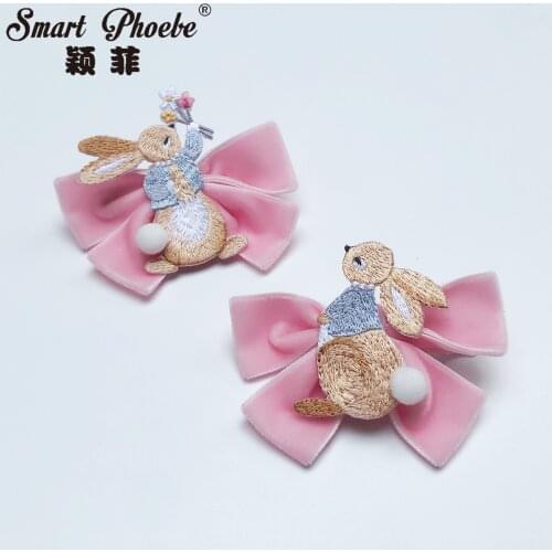 Boutique 10pcs Fashion Velvet Bow Pom Pom Bunny Hairpins Cute Embroidered Floral Rabbit Hair Clips Princess Easter Headwear