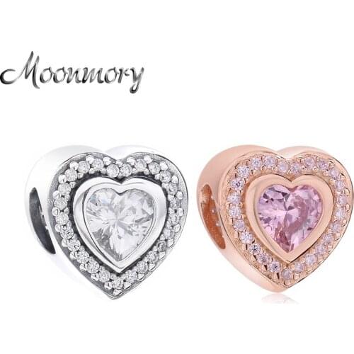 Moonmory Classic 925 Sterling Silver Sparkling Love Charm Clear Crystal Zircon Bead 2021 Charms Jewelry Making Mothers Day Gift
