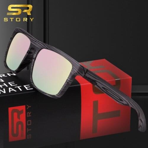 STORY Imitation Wood Sunglasses Men Polarized Goggles 2020 Brand Design Pink Mirror Lens Rectangle Frame Sport Sun Glasses Male