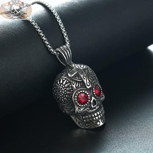 Mens Red Eye Skull Head Stainless Steel Necklace 2021 Gothic Trend Electric Music Party Jewelry Wearing Cool Youth Gift Pendant