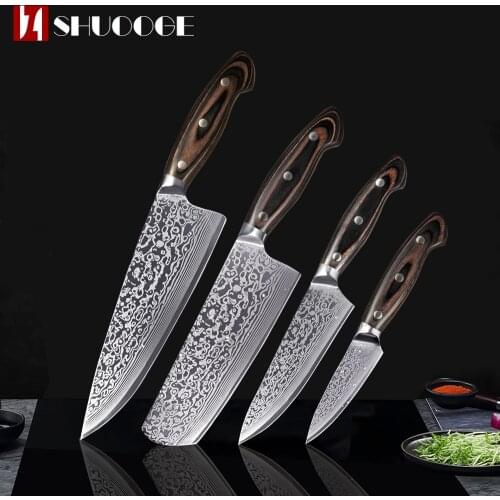 SHUOOGE kitchen knife set High Carbon Stainless Steel Japanese Series Damascus laser pattern Chefs cleaver kitchen knife