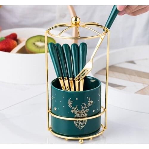 6pcs Household Fruit Forks Set Luxury Kitchen Flatware Emerald Ceramic Handle Stainless Steel Forks With Gold Metal Holder