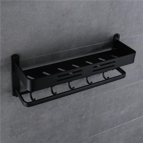 Wall Mount Black Bathroom Shelf Shower Shampoo Rack with Bar and Hook Towel Clothes Storage Shelves Kitchen Floating Shelf