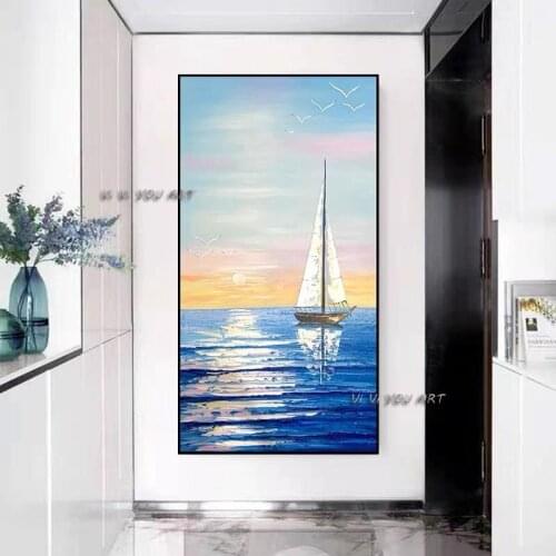 Large Size Sailboat Landscape Modern 100% Handmade Abstract Oil Painting Wall Art Decorative For Living Room Office