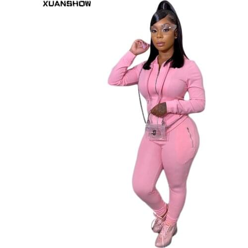XUANSHOW 2021 Fashion Women Tracksuits Sportswear Casual Solid Color Zipper Pocket Hoodies and Long Pants Two-piece Suit S-XXL